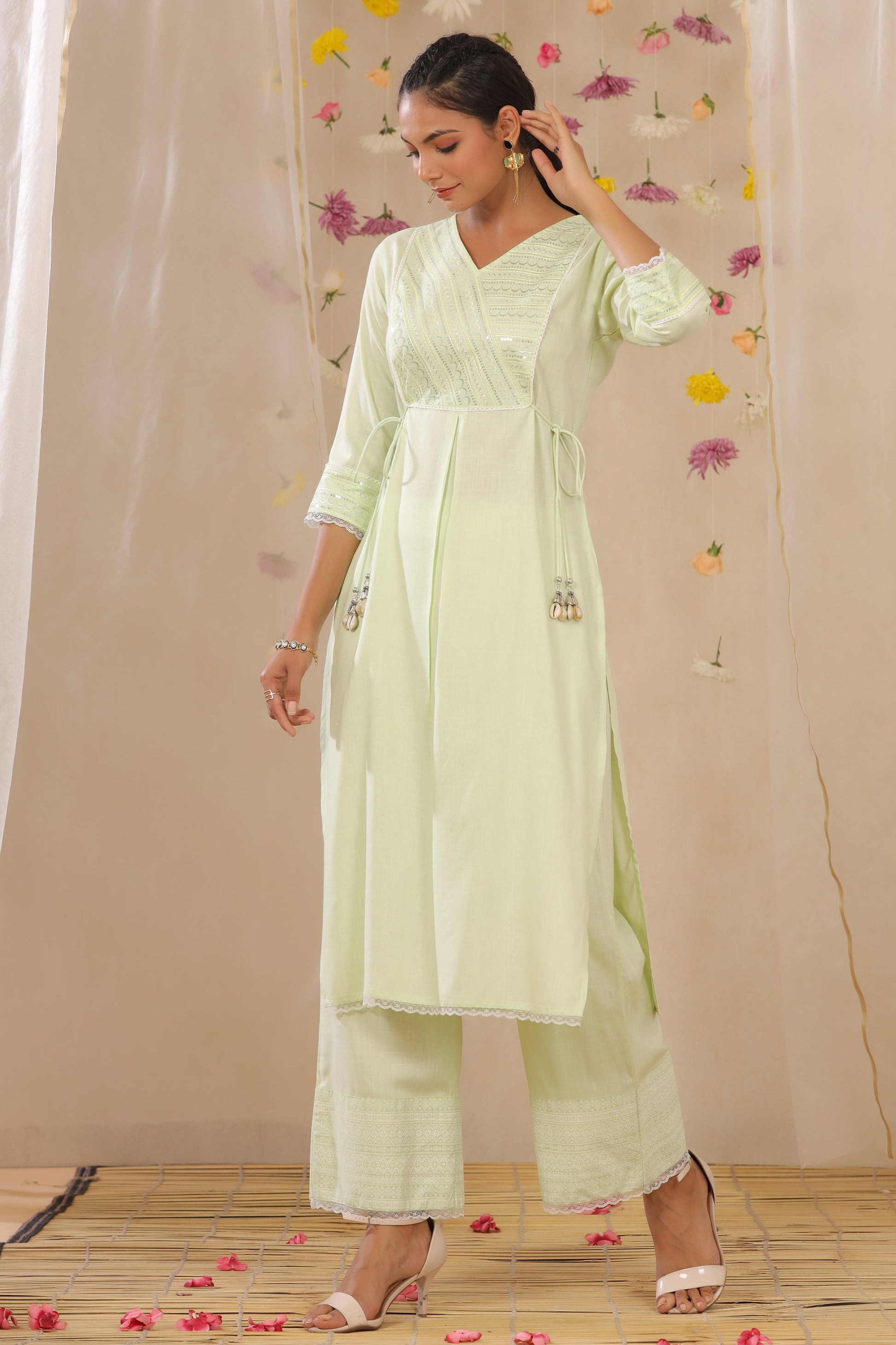 Juniper Women's Light Green Cotton Blend Printed Kurta Set - Distacart