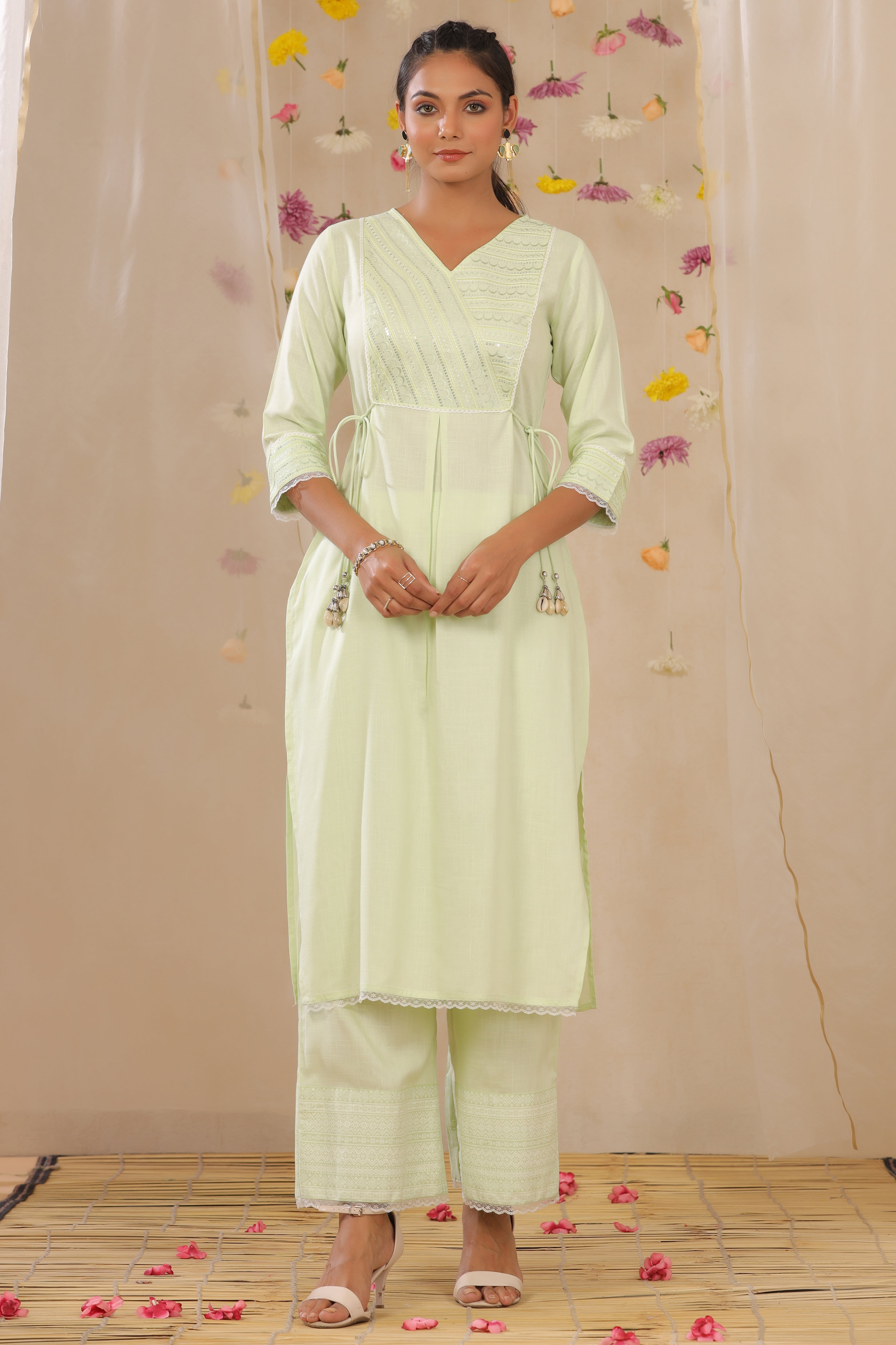 Juniper Women's Light Green Cotton Blend Printed Kurta Set - Distacart