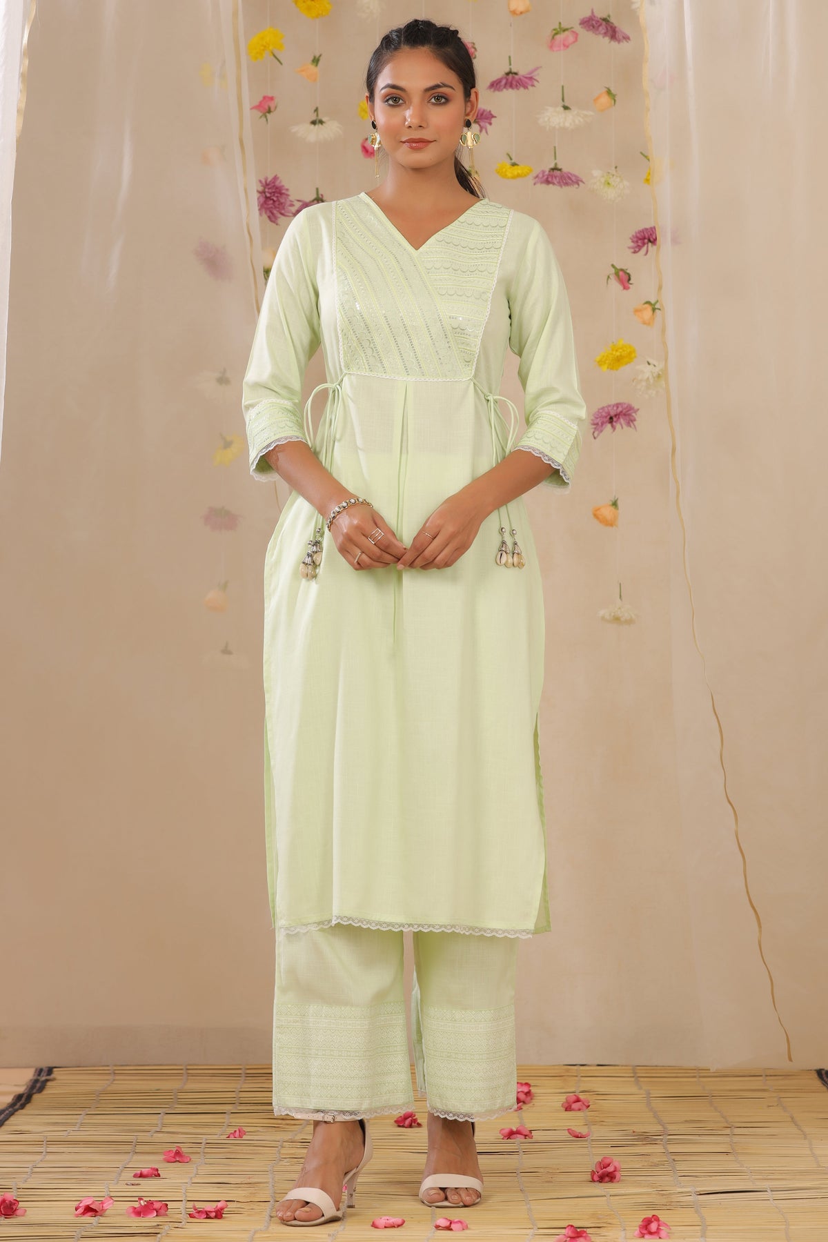 Juniper Women's Light Green Cotton Blend Printed Kurta Set - Distacart