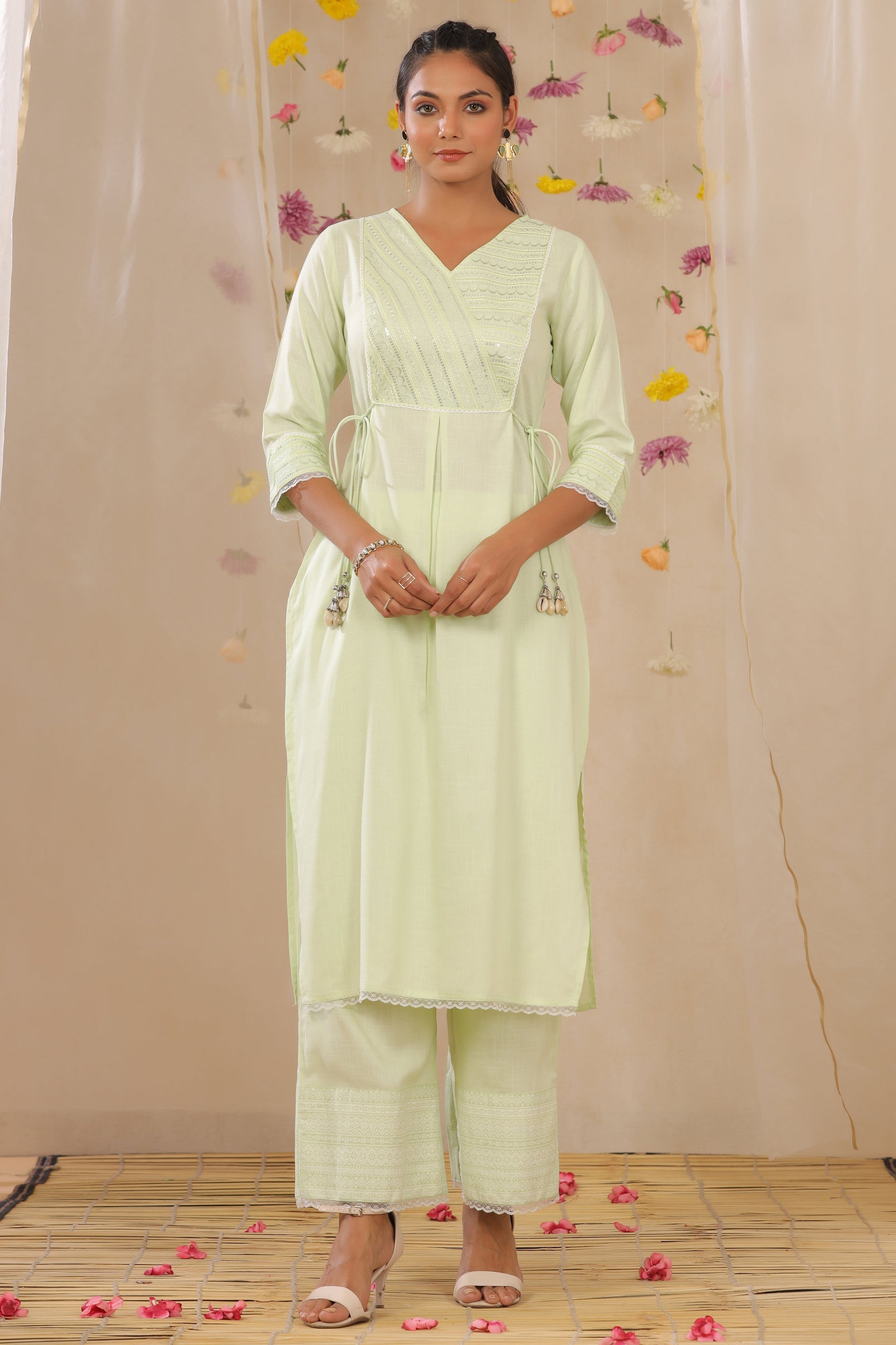 Juniper Women's Light Green Cotton Blend Printed Kurta Set - Distacart