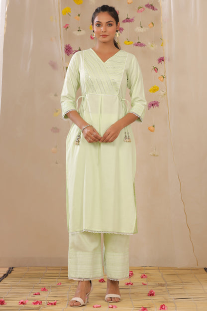 Juniper Women's Light Green Cotton Blend Printed Kurta Set - Distacart