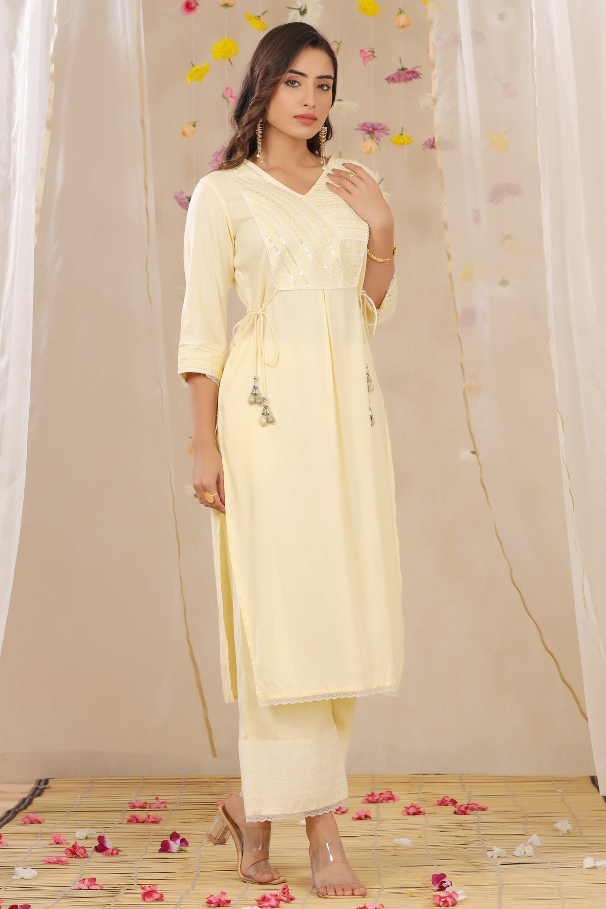 Juniper Women's Yellow Cotton Blend Printed Kurta Set - Distacart