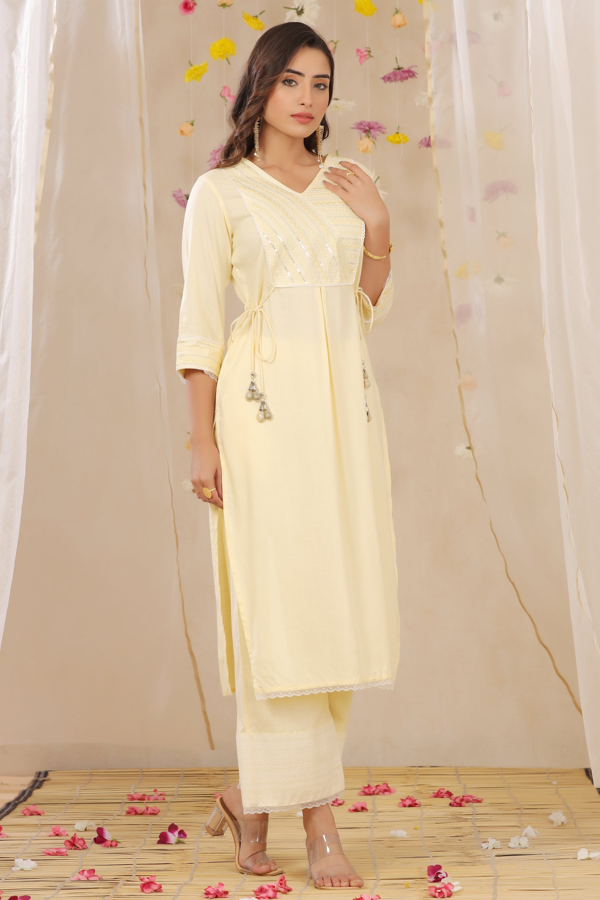Juniper Women's Yellow Cotton Blend Printed Kurta Set - Distacart