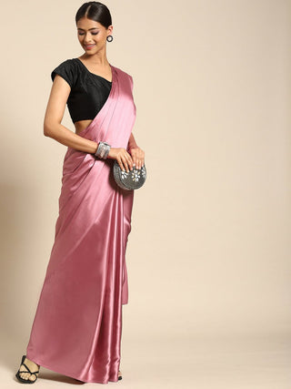 Anouk Pink Satin Solid Saree - Distacart