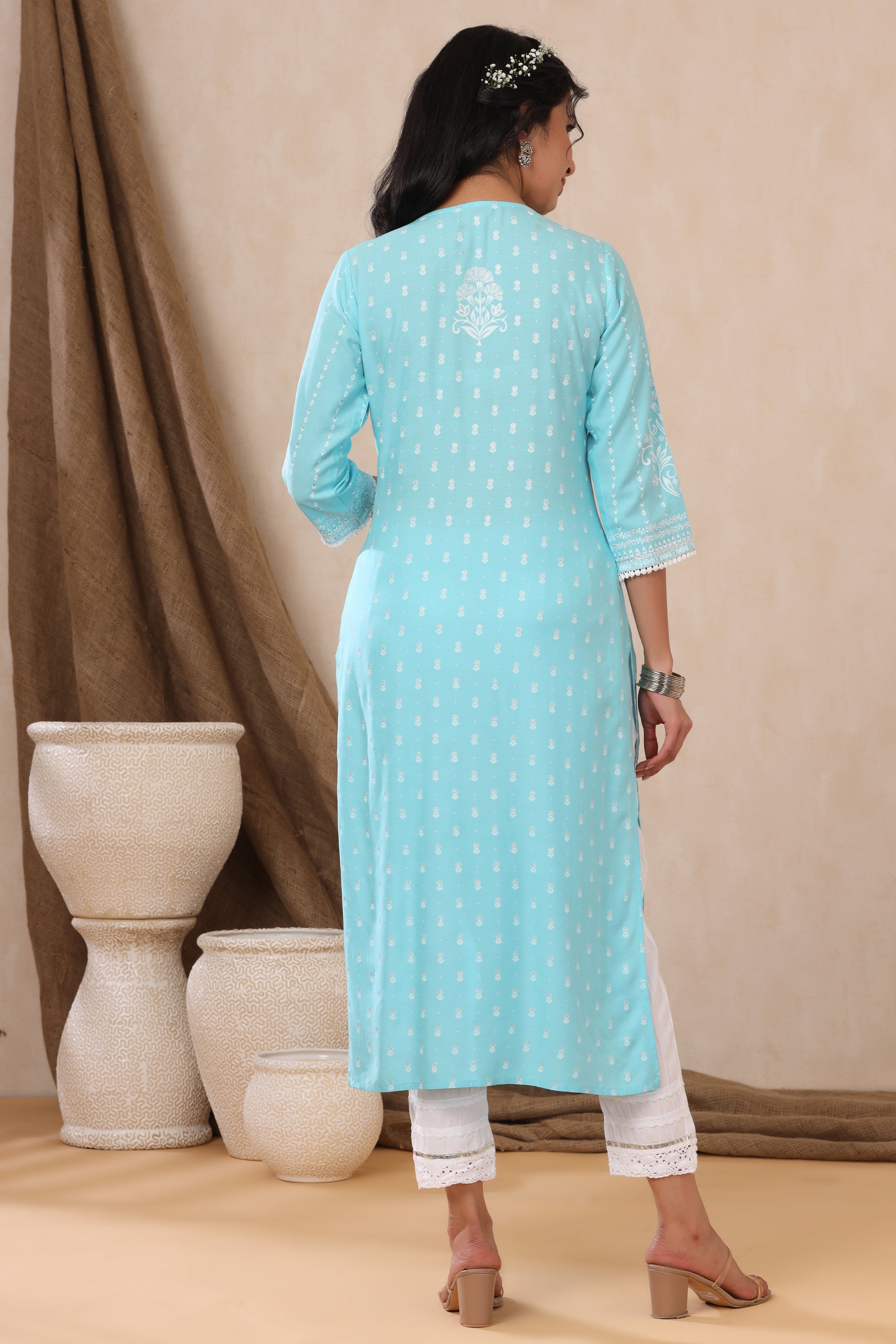 Juniper Aqua Ethnic Motif Printed Rayon Kurta With Lace Work - Distacart