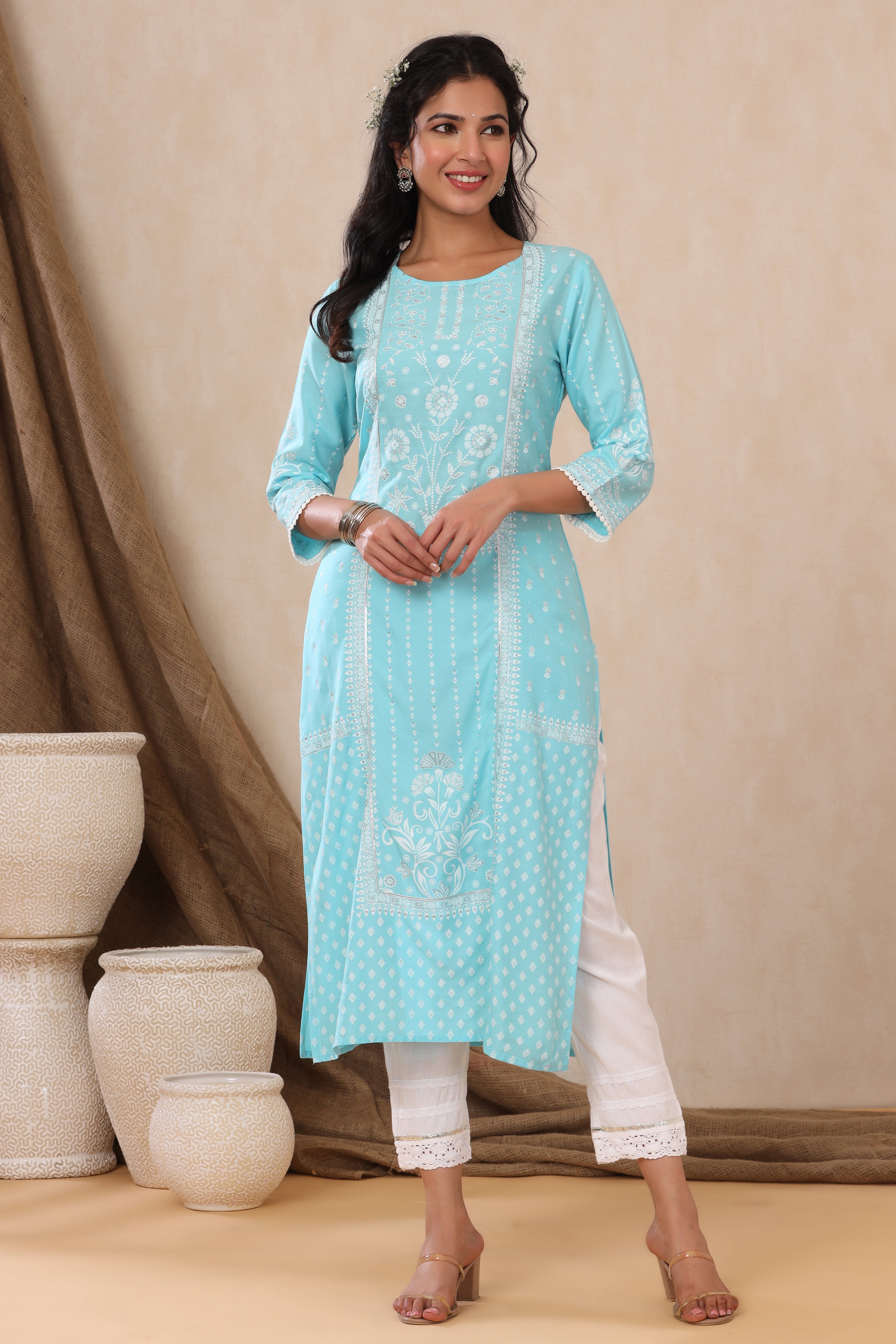 Juniper Aqua Ethnic Motif Printed Rayon Kurta With Lace Work - Distacart