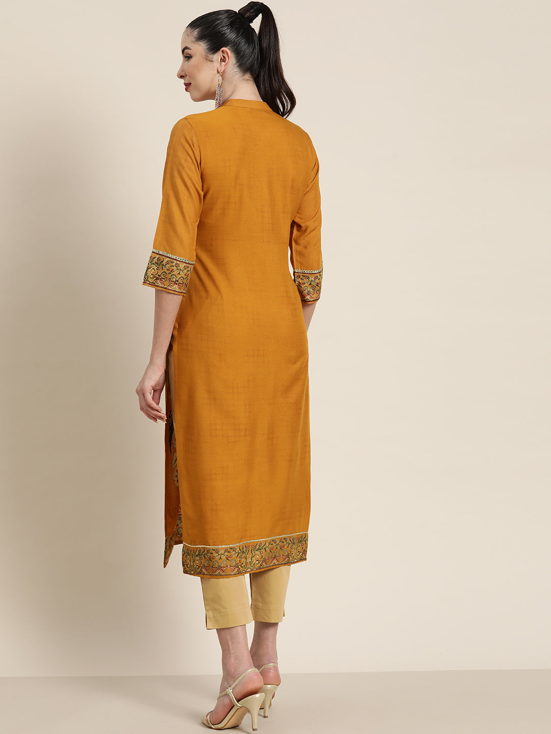 Juniper Mustard Ethnic Motif Printed Rayon Straight Kurta With Buttons & Tassels - Distacart