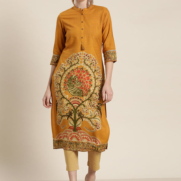 Juniper Mustard Ethnic Motif Printed Rayon Straight Kurta With Buttons & Tassels - Distacart