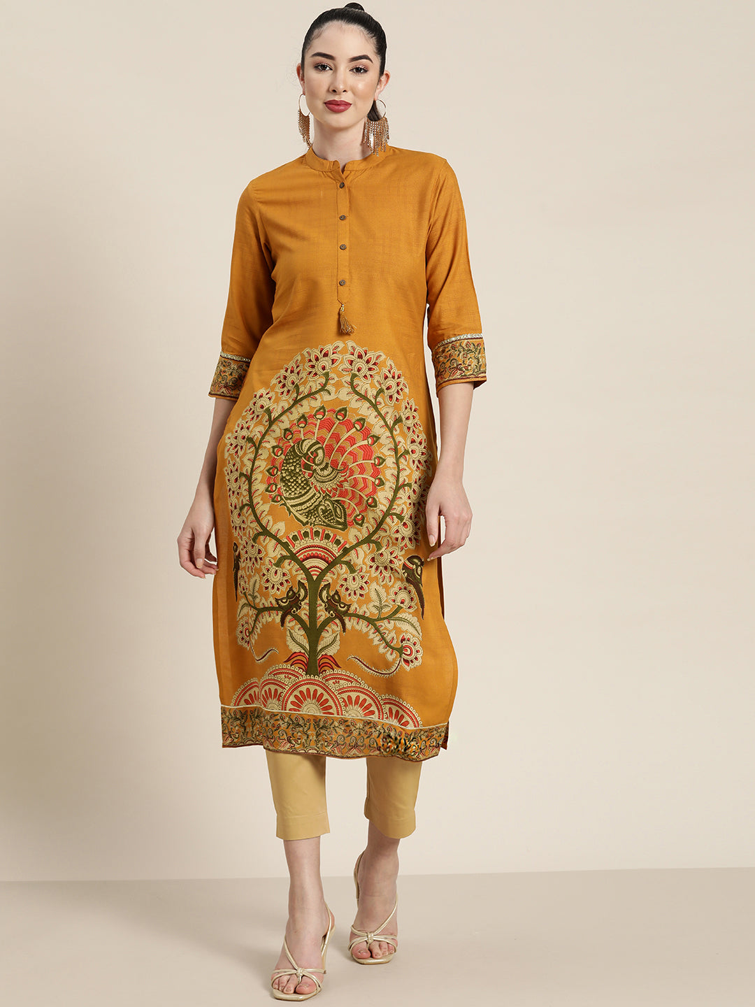 Juniper Mustard Ethnic Motif Printed Rayon Straight Kurta With Buttons & Tassels - Distacart