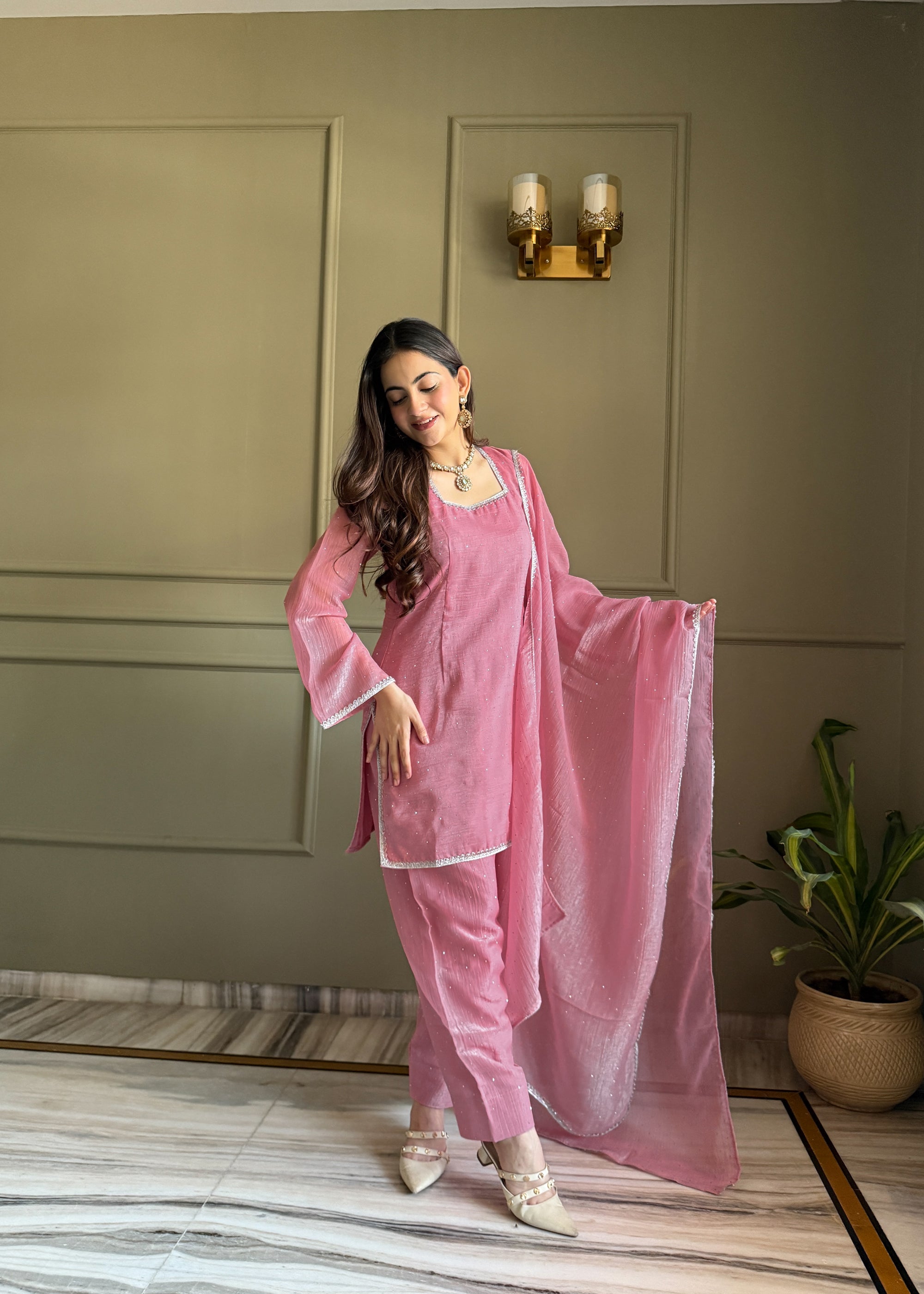 Lorenvalley Fashion Pink Crunchy Silk with Siroski Work with Fancy Lace Work Kurta Salwar with Dupatta - Dista
