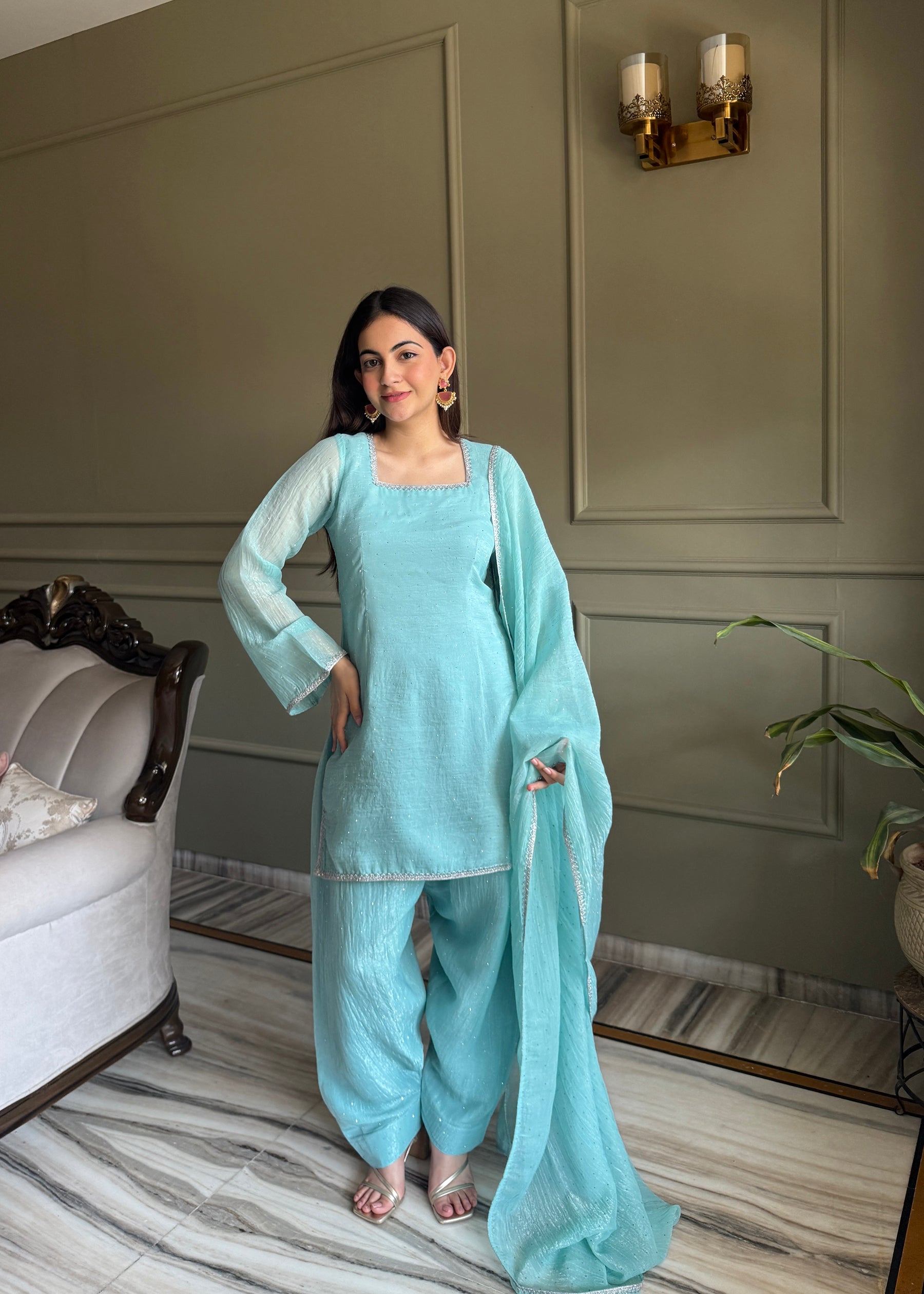 Lorenvalley Fashion Skyblue Crunchy Silk with Siroski Work with Fancy Lace Work Kurta Salwar with Dupatta - Distacart