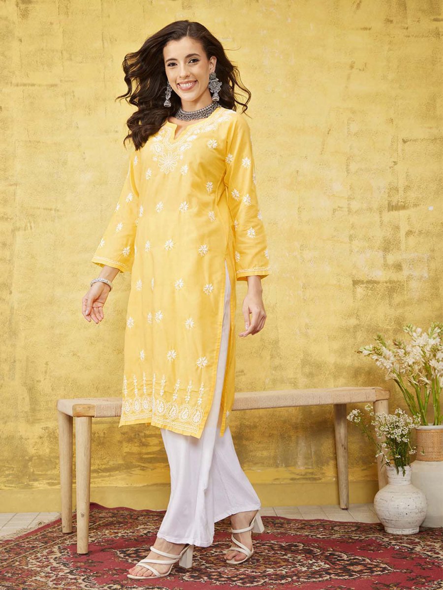 ADA Women Yellow & White Chikankari Embroidered Straight Sustainable Handloom Kurta - Distacart