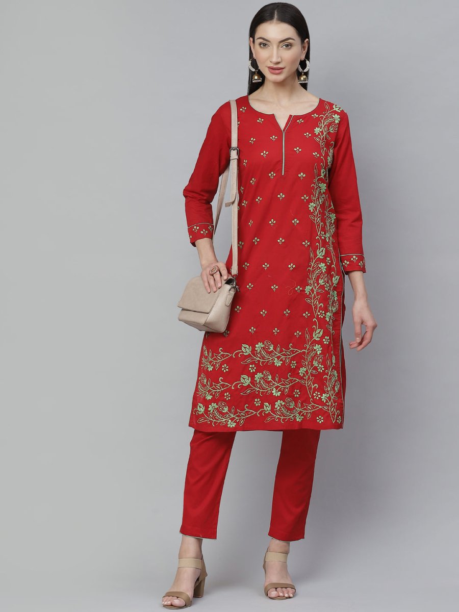 ADA Women Red & Green Chikankari Hand Embroidered Sustainable Handloom Kurta with Trousers - Distacart
