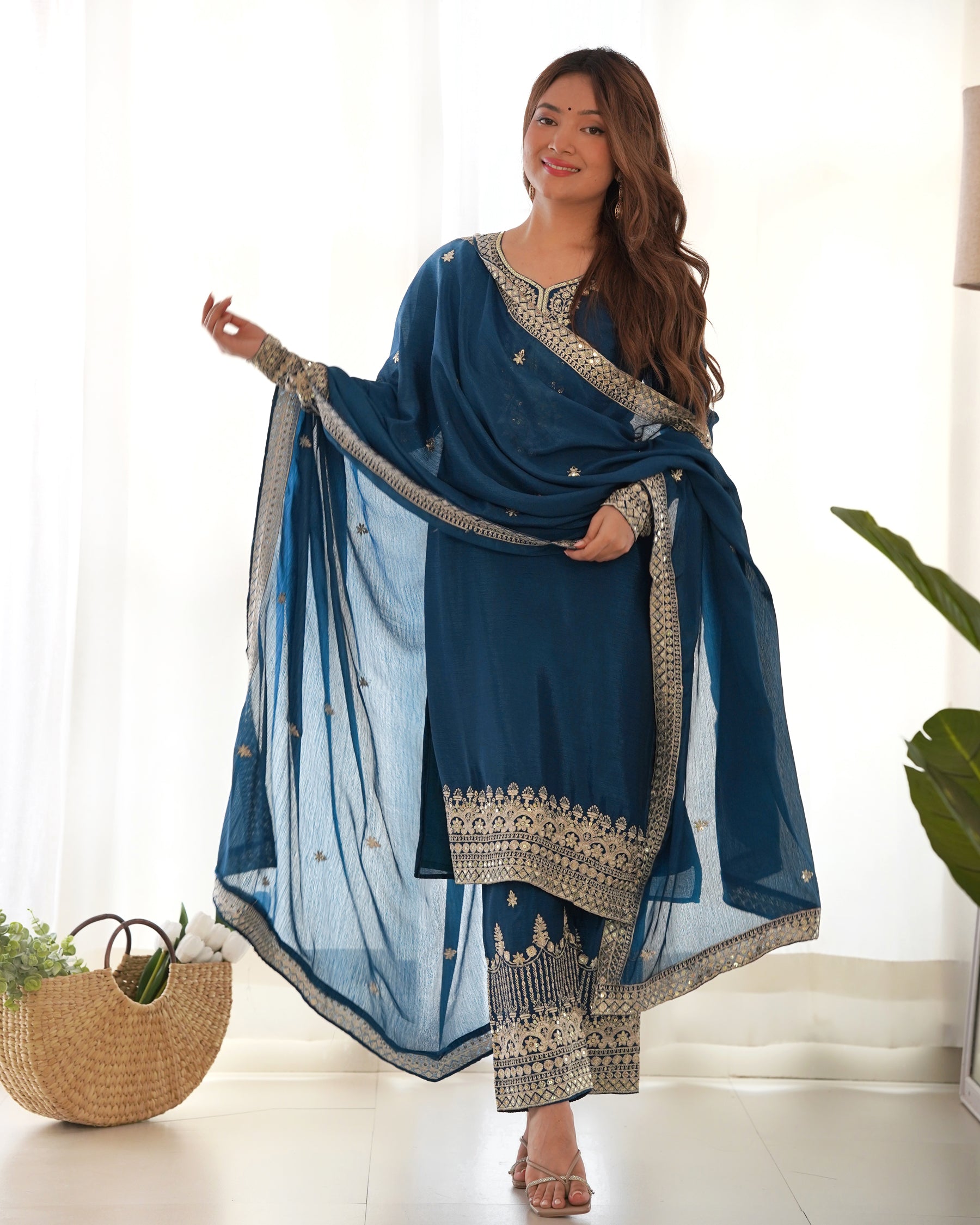 Lorenvalley Fashion Teal Chinon Silk Fabric With Beautiful Embroidery Sequence, Jari Work Kurta Pant with Dupatta - Distacart