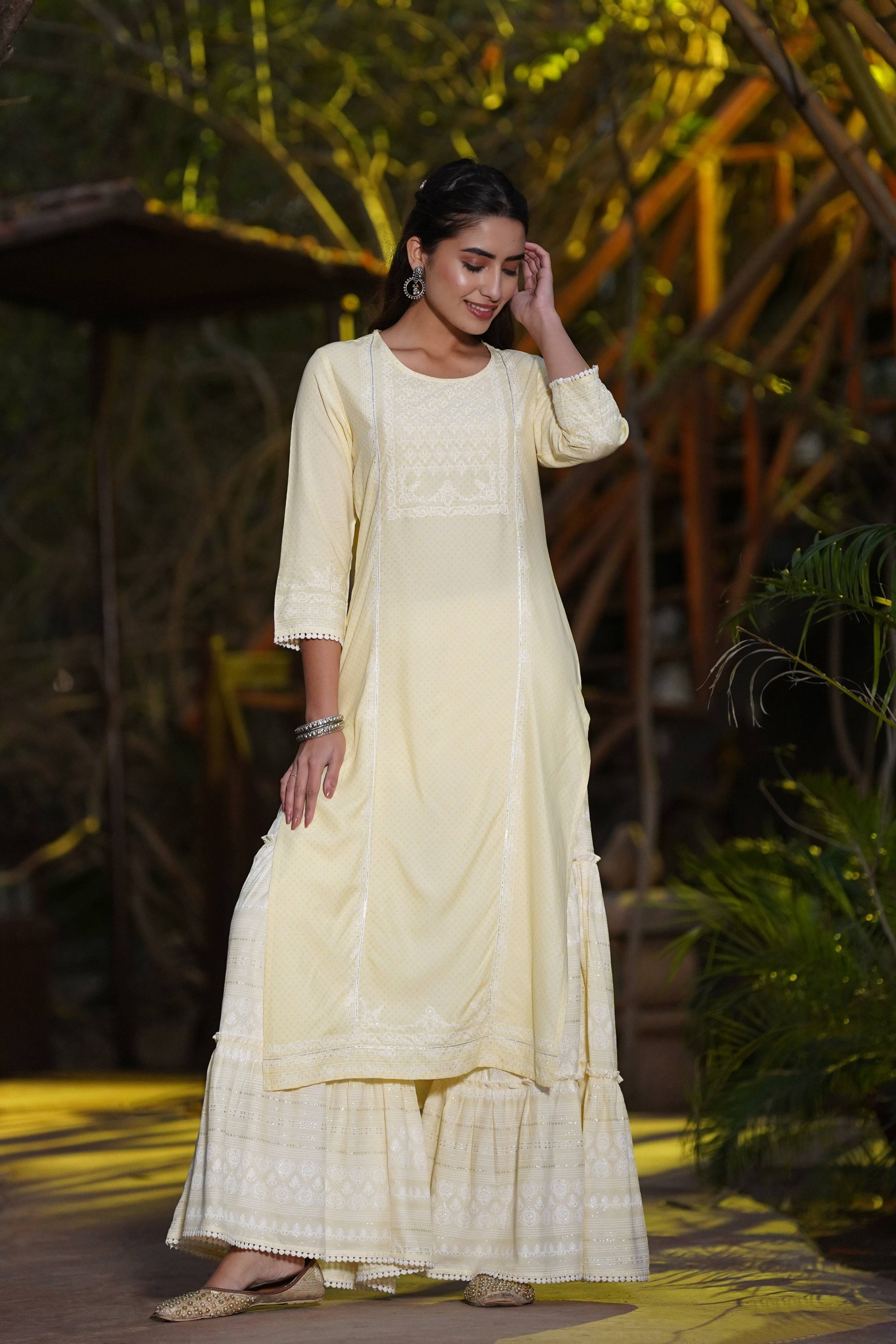 Juniper Yellow Ethnic Motif Printed Rayon Kurta & Sharara Set with Gota & Lace Work - Distacart