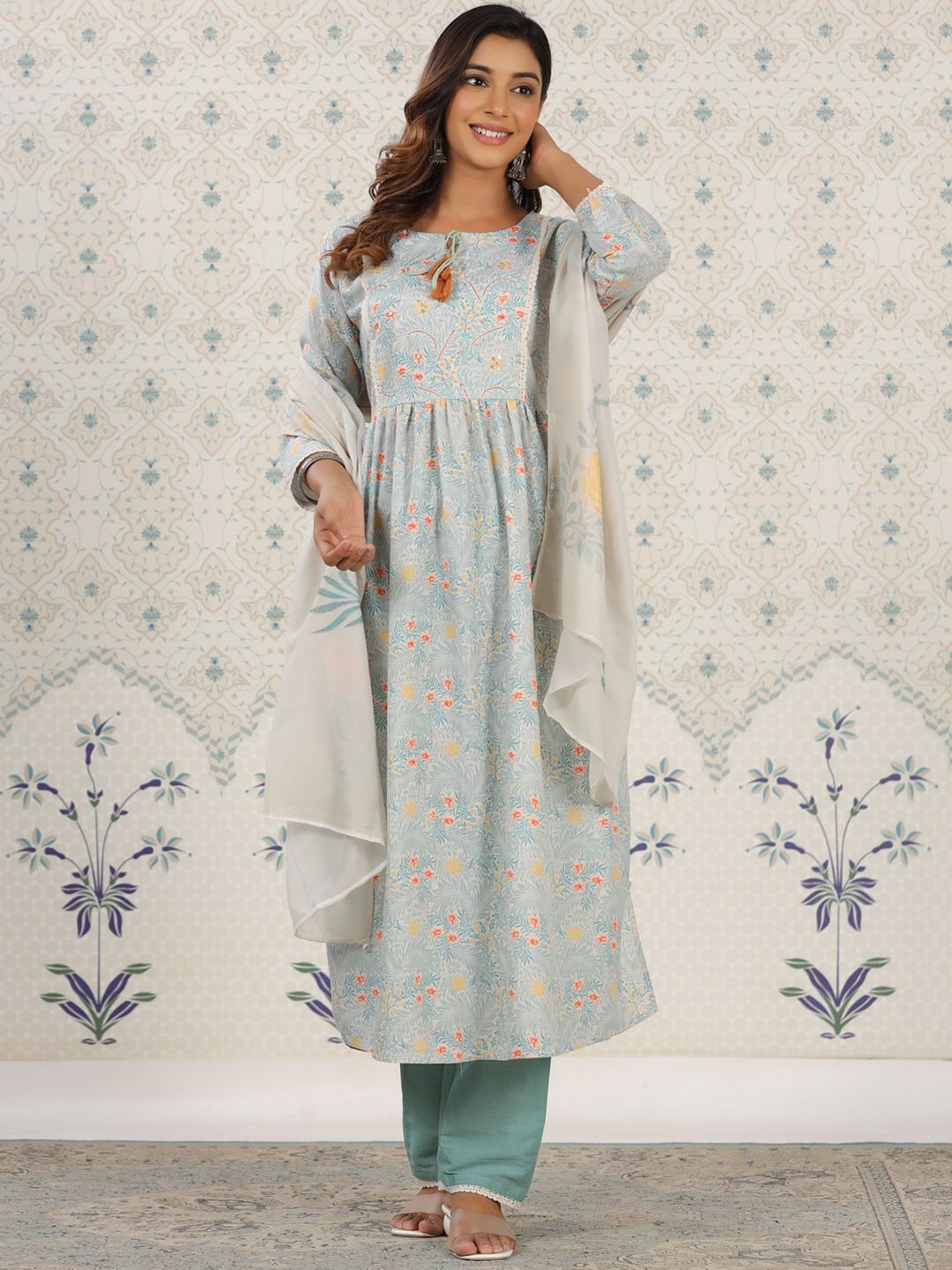 Ode by House of Pataudi Floral Printed Anarkali Kurta with Trousers & With Dupatta - Distacart