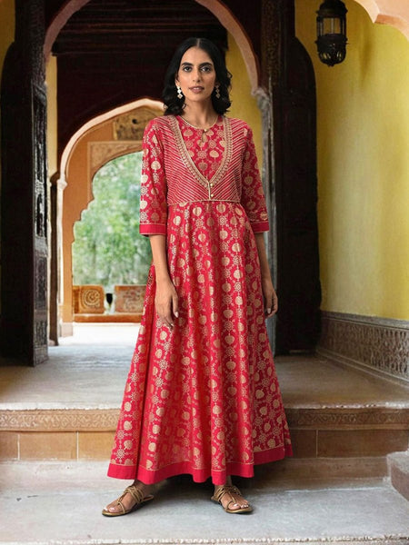 AURELIA Pink & Gold-Toned Floral Keyhole Neck Ethnic Pure Cotton Maxi Ethnic Dress - Distacart