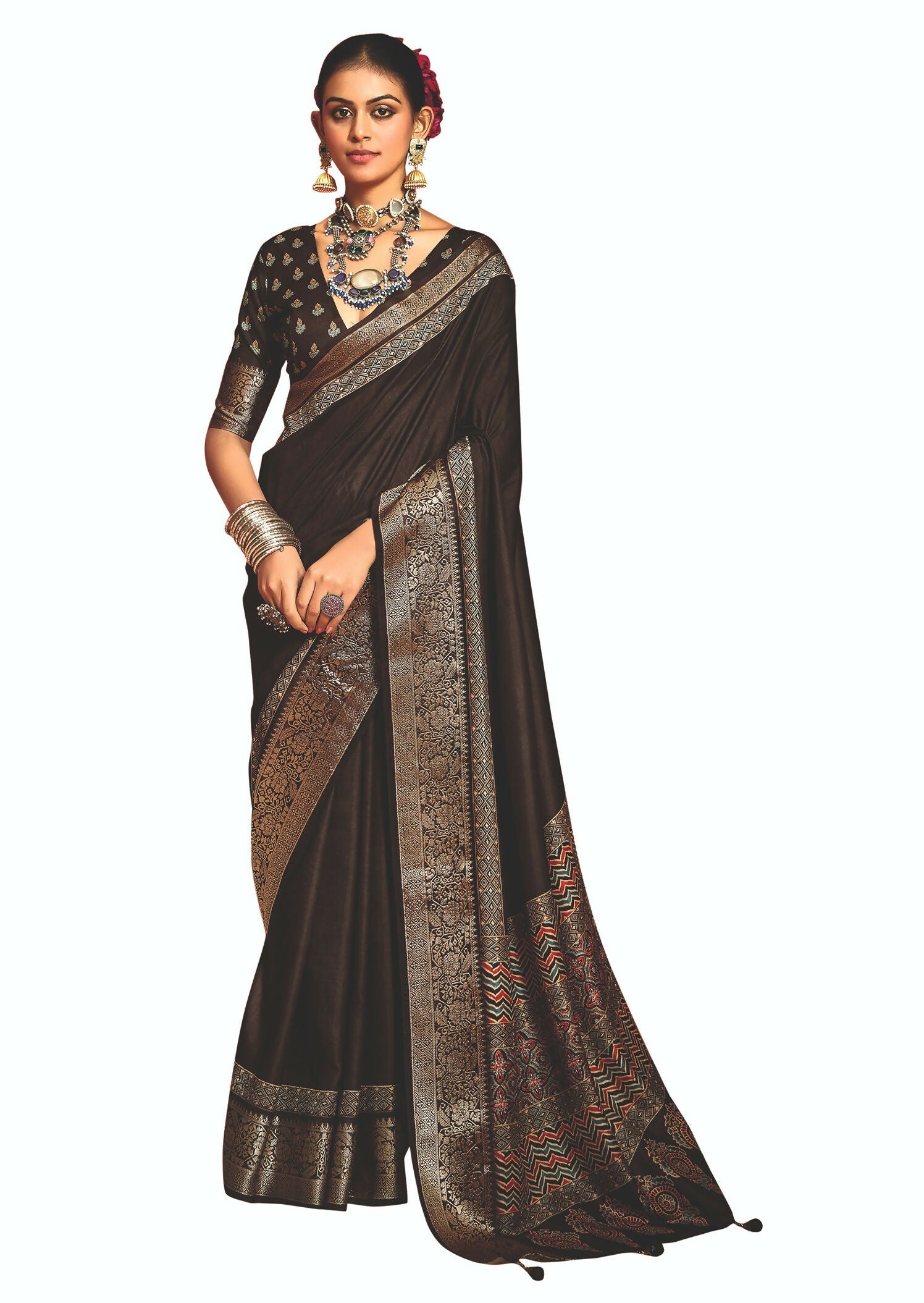 Joban Fashion Brown Art Silk With Fine Viscose Border Ajrak Full Body Print With Soft Finish Saree
