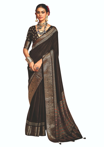 Joban Fashion Brown Art Silk With Fine Viscose Border Ajrak Full Body Print With Soft Finish Saree
