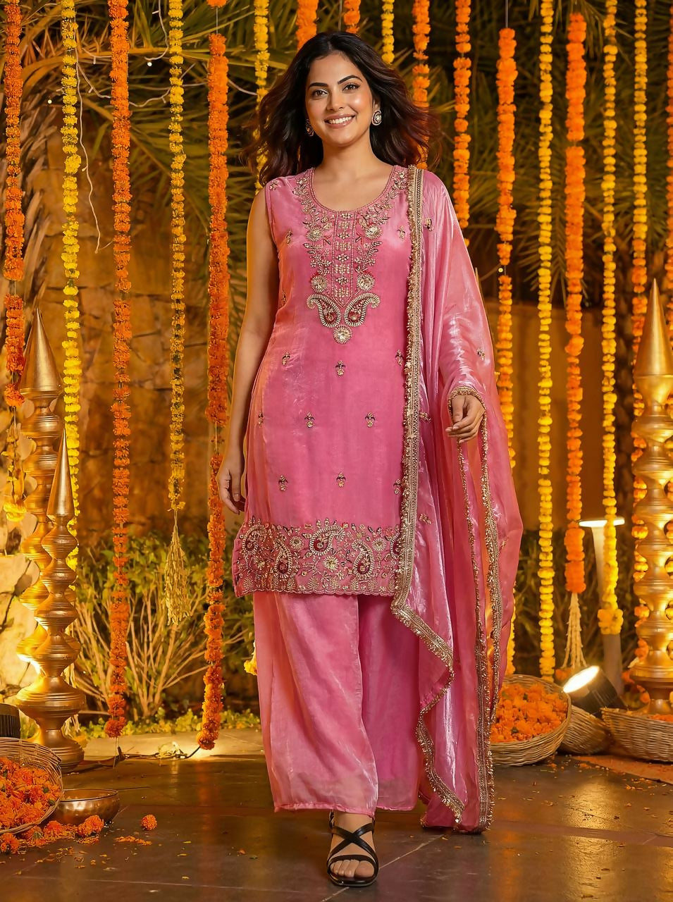 Joban Fashion Pink Silk Embroidered Sharara Set - Distacart