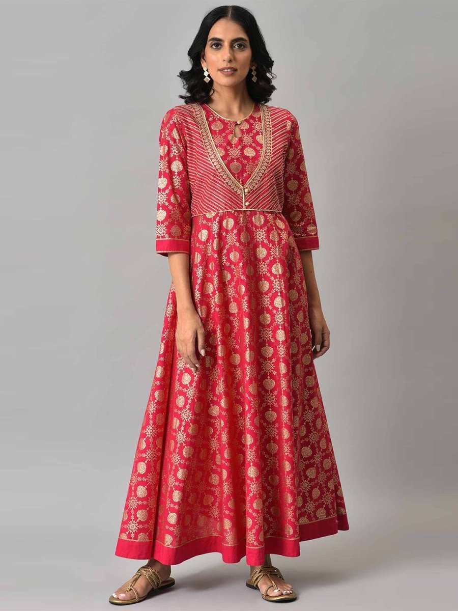 AURELIA Pink & Gold-Toned Floral Keyhole Neck Ethnic Pure Cotton Maxi Ethnic Dress - Distacart
