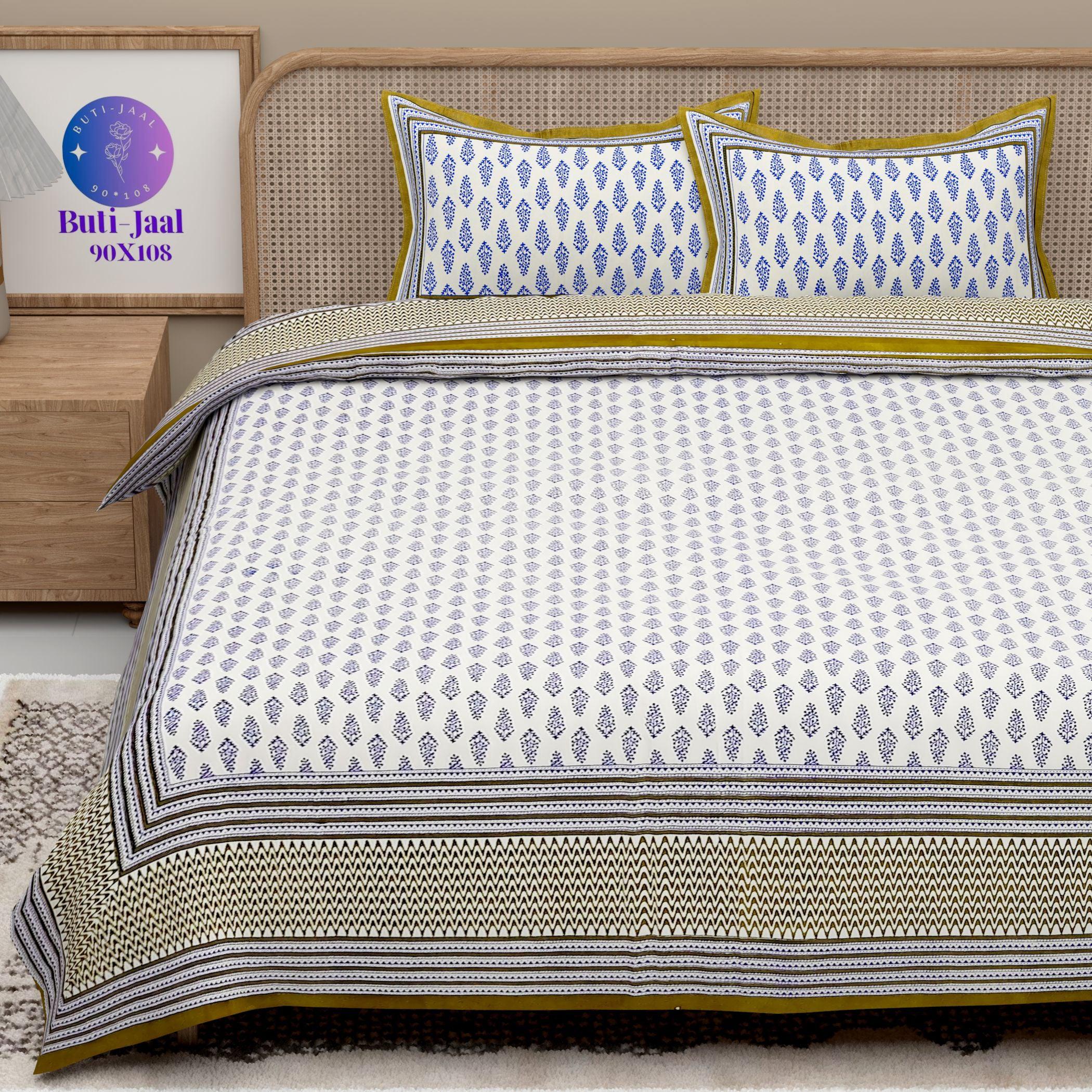 Blue Green White Handblock Printed Cotton 200TC King Bedsheet With 2 Zipper Pillow Covers - King Size by House of Ree - Distacart