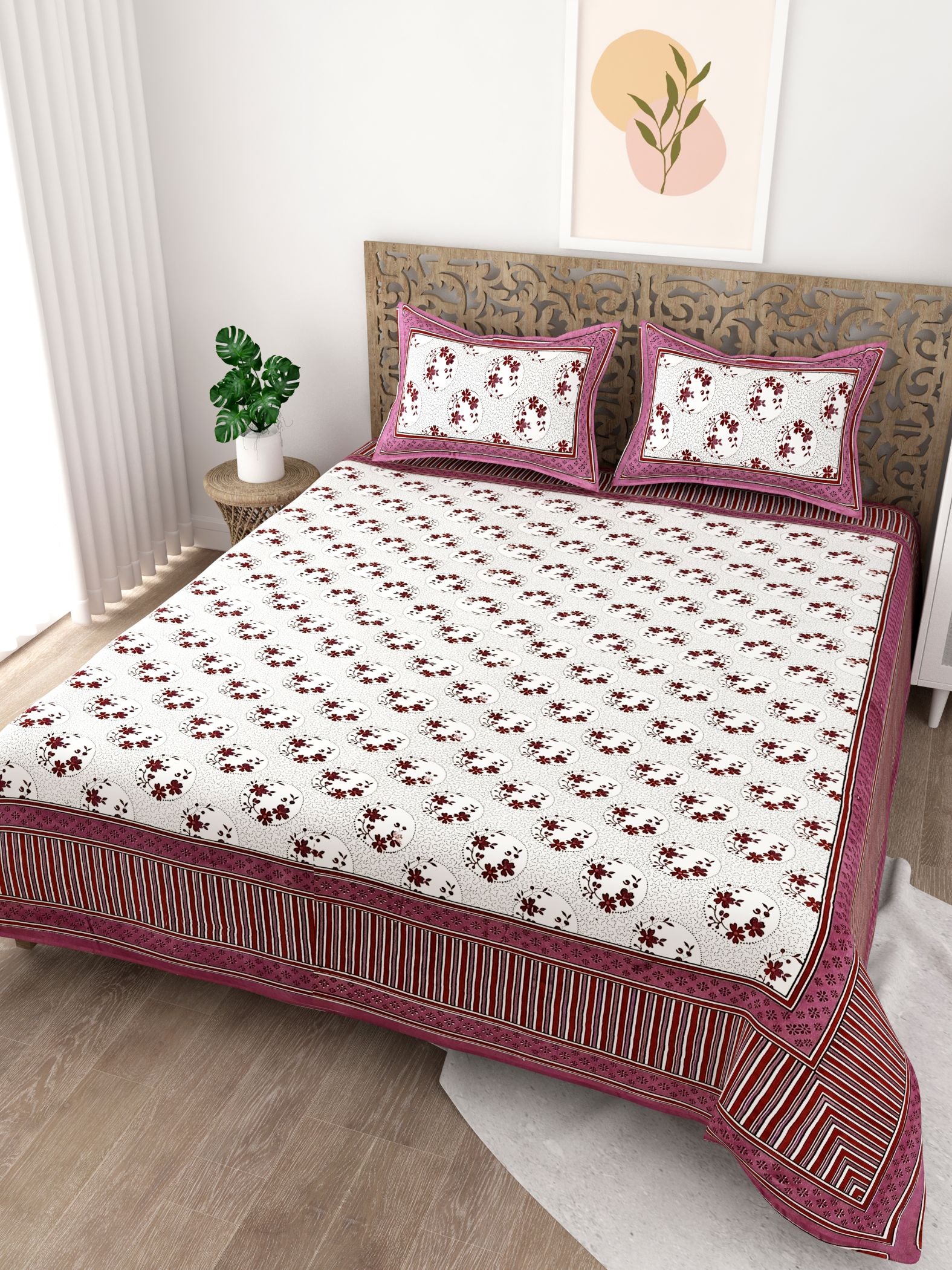 Pink Floral Printed Cotton 200TC King Bedsheet With 2 Zipper Pillow Covers - King Size by House of Ree - Distacart