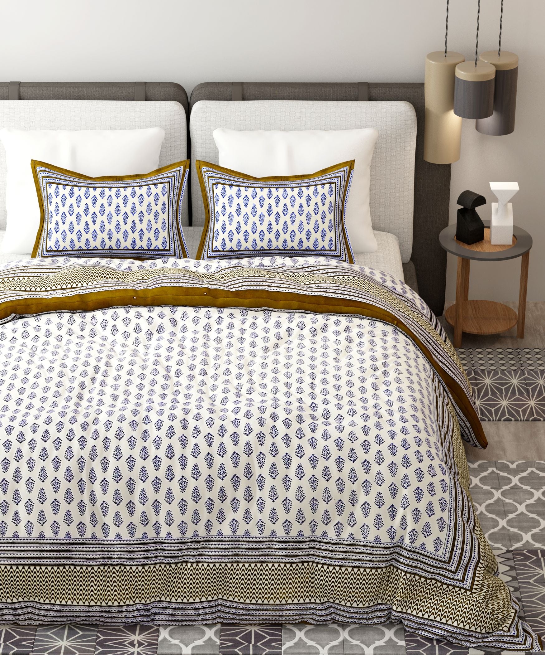 Blue Green White Handblock Printed Cotton 200TC King Bedsheet With 2 Zipper Pillow Covers - King Size by House of Ree - Distacart