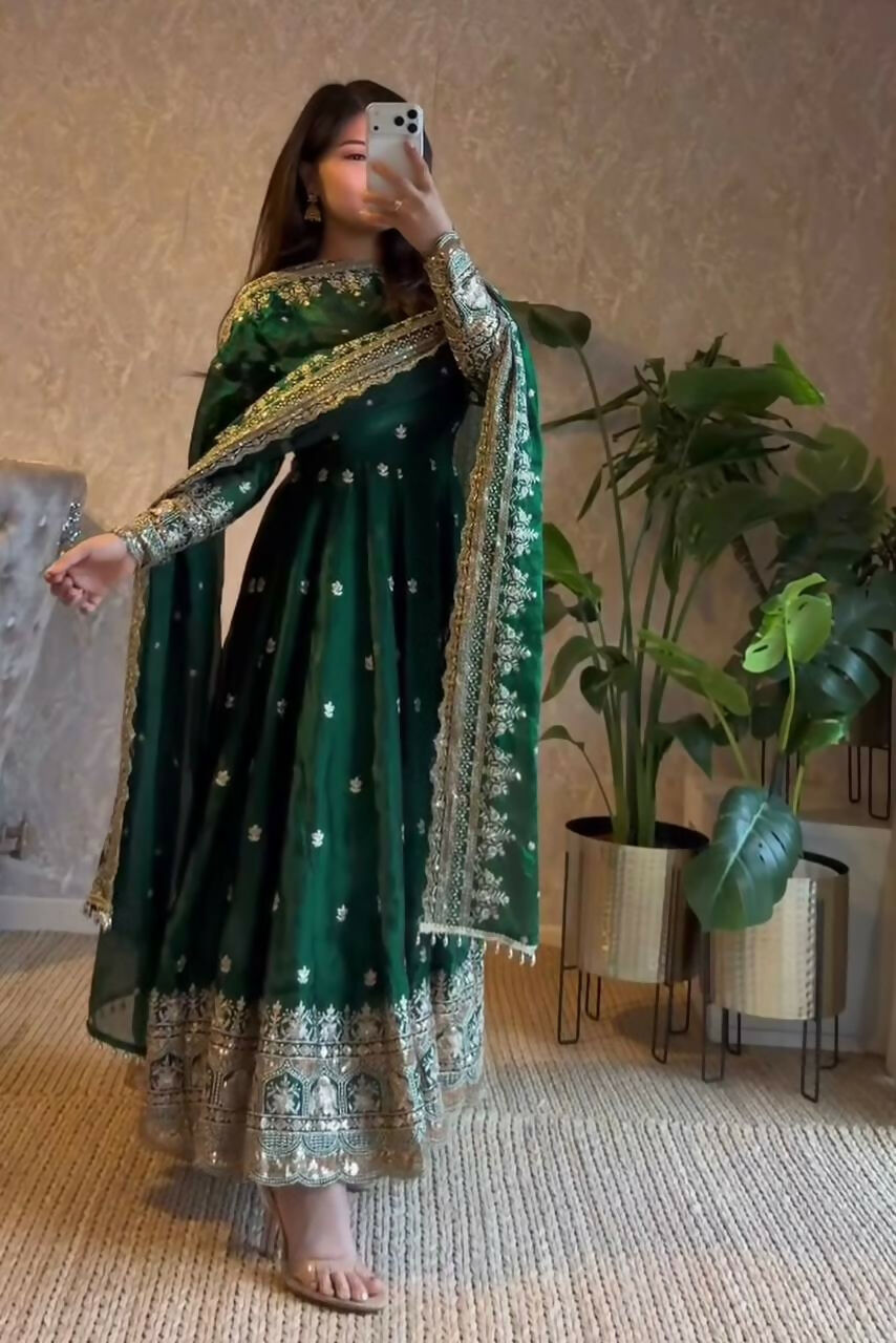 Teeya Creation Green Fendi Silk Designer Heavy Work Wedding Wear Long Gown - Distacart