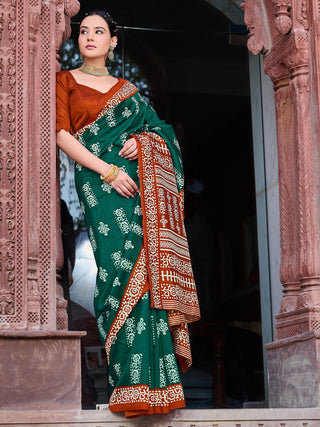 NOZ2TOZ Women's Bhagalpuri Silk Dark Green Printed Designer Saree With Blouse Piece - Distacart