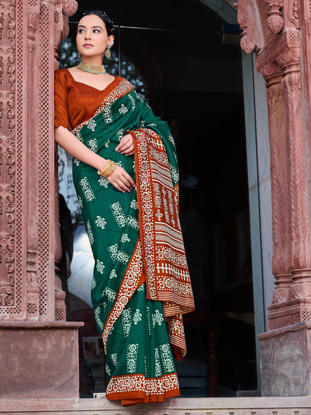 NOZ2TOZ Women's Bhagalpuri Silk Dark Green Printed Designer Saree With Blouse Piece - Distacart