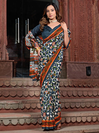 NOZ2TOZ Women's Bhagalpuri Silk Charcoal Grey Printed Designer Saree With Blouse Piece - Distacart