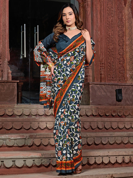 NOZ2TOZ Women's Bhagalpuri Silk Charcoal Grey Printed Designer Saree With Blouse Piece - Distacart