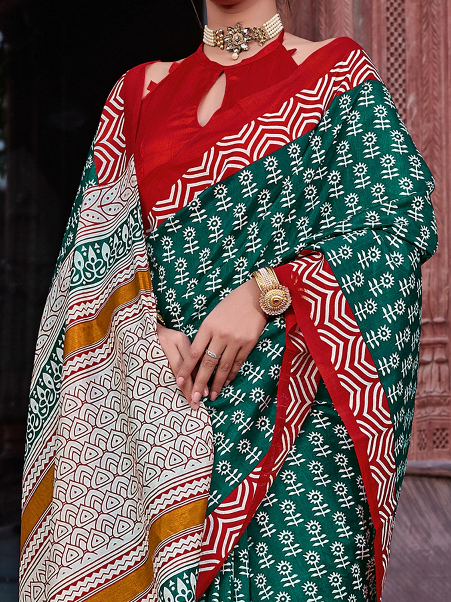 NOZ2TOZ Women's Bhagalpuri Silk Teal green Printed Designer Saree With Blouse Piece - Distacart