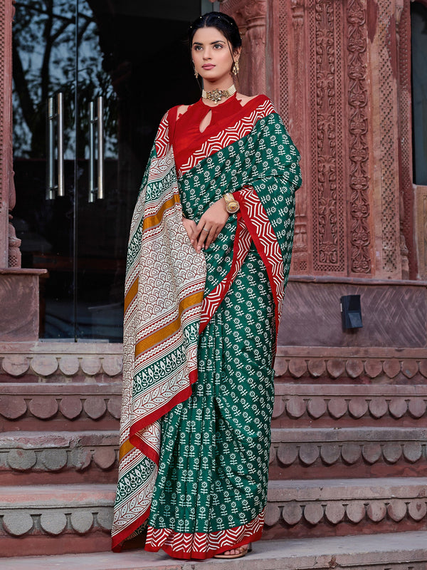 NOZ2TOZ Women's Bhagalpuri Silk Teal green Printed Designer Saree With Blouse Piece - Distacart