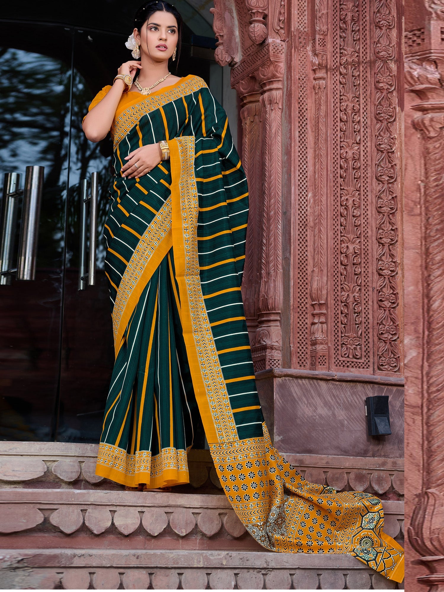 NOZ2TOZ Women's Bhagalpuri Silk Dark Green Printed Designer Saree With Blouse Piece - Distacart