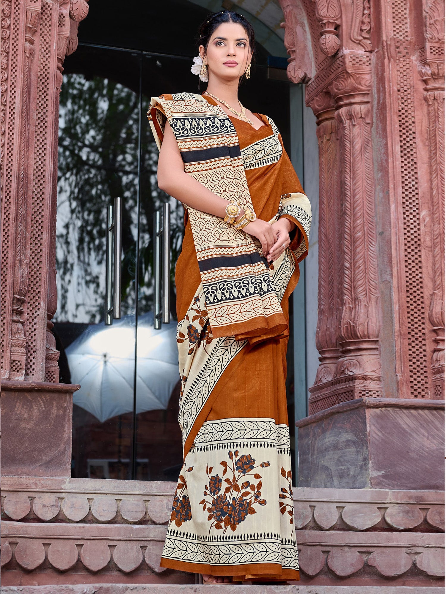NOZ2TOZ Women's Bhagalpuri Silk Brown Printed Designer Saree With Blouse Piece - Distacart