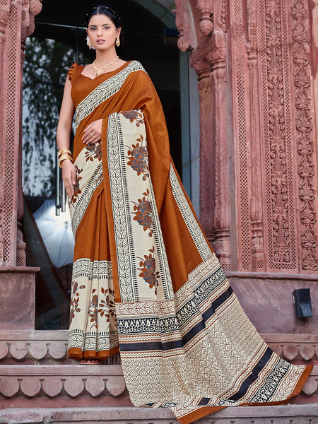 NOZ2TOZ Women's Bhagalpuri Silk Brown Printed Designer Saree With Blouse Piece - Distacart