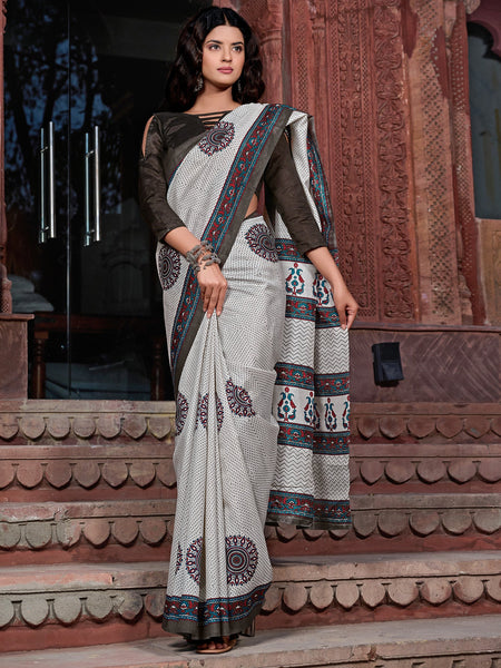 NOZ2TOZ Women's Bhagalpuri Silk Off White Printed Designer Saree With Blouse Piece - Distacart