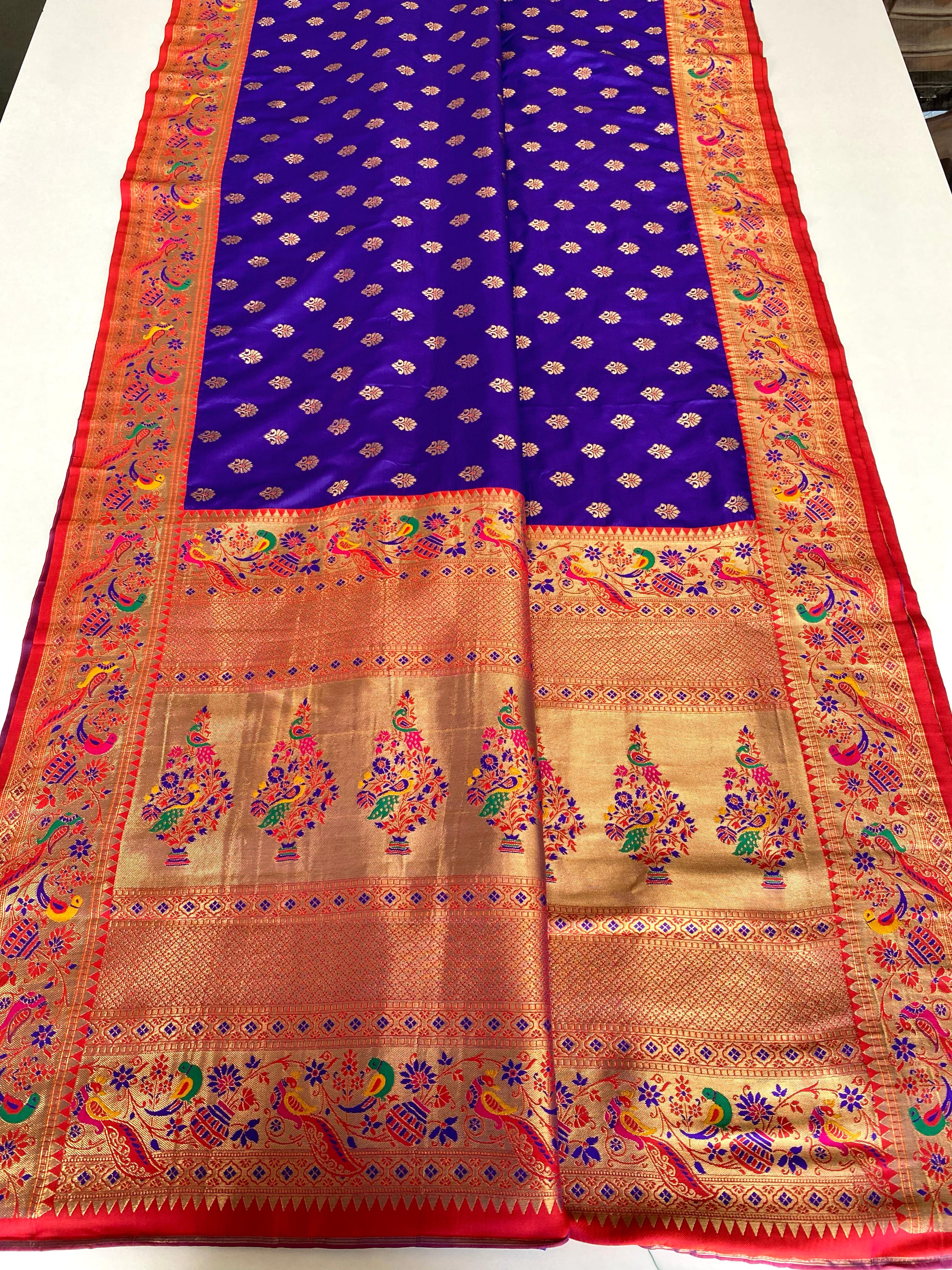 Mameraa Sarees Paithani Silk Blend Weaving Saree With Contrast Blouse-Violet - Dista
