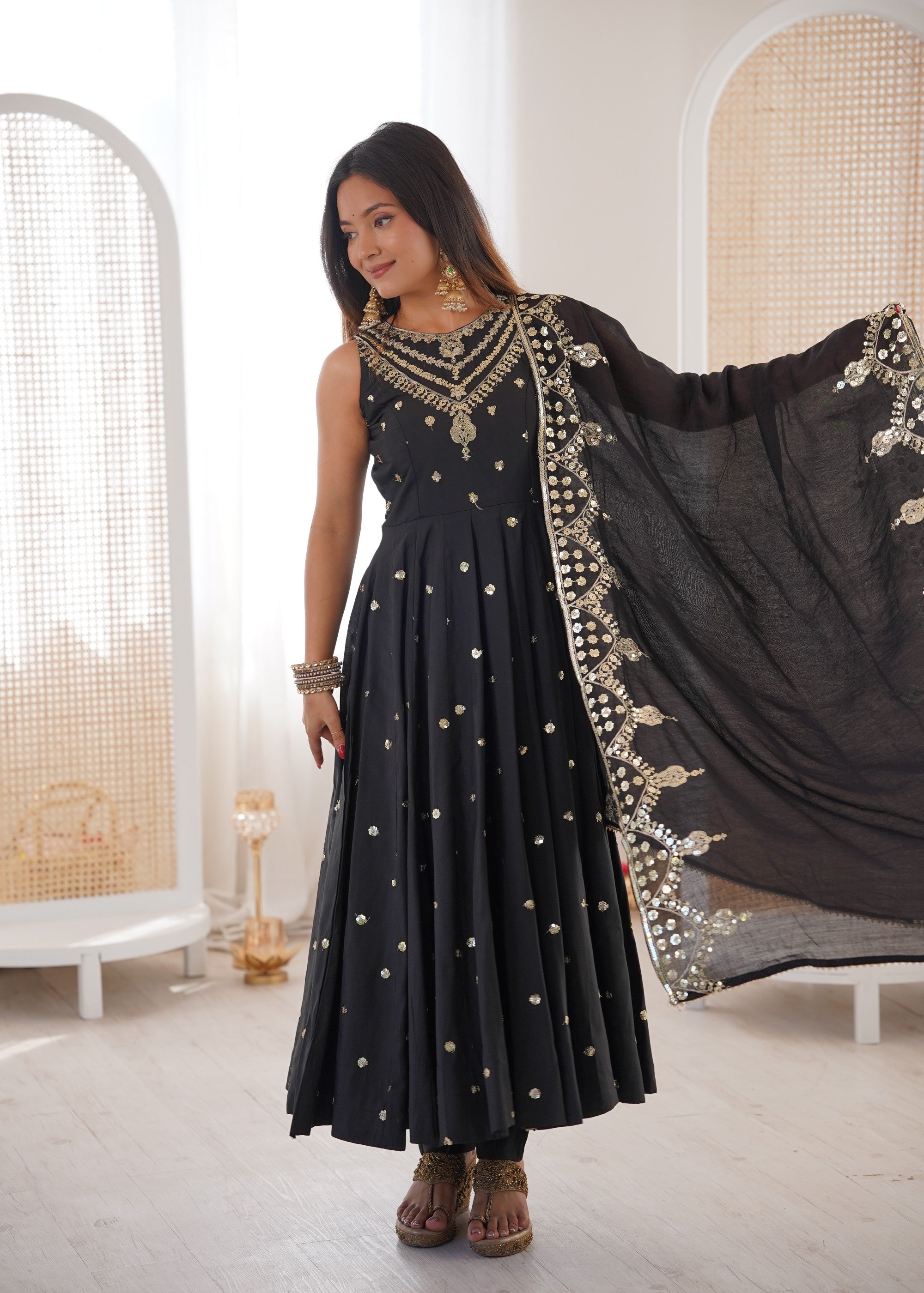 Anaita Black Silk Readymade Anarkali Suit with Embroidery & Sequence Work - Dista