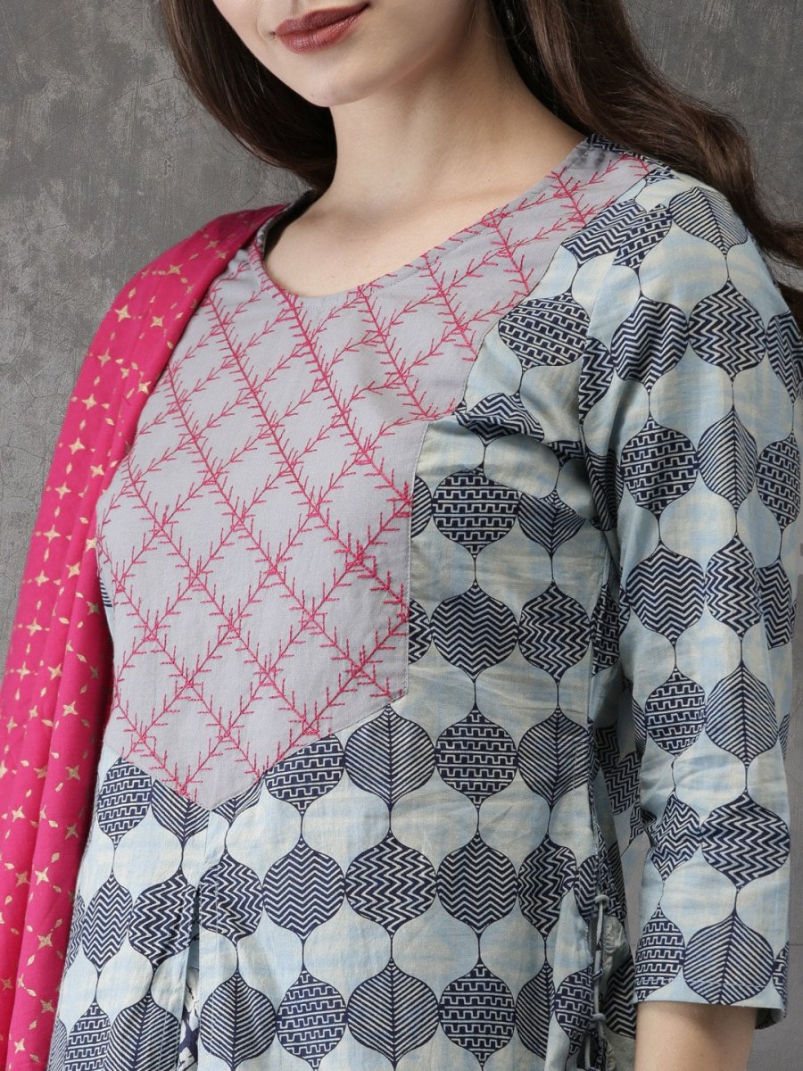 Anouk Women Blue & Pink Printed Kurta with Palazzos & Dupatta - Distacart