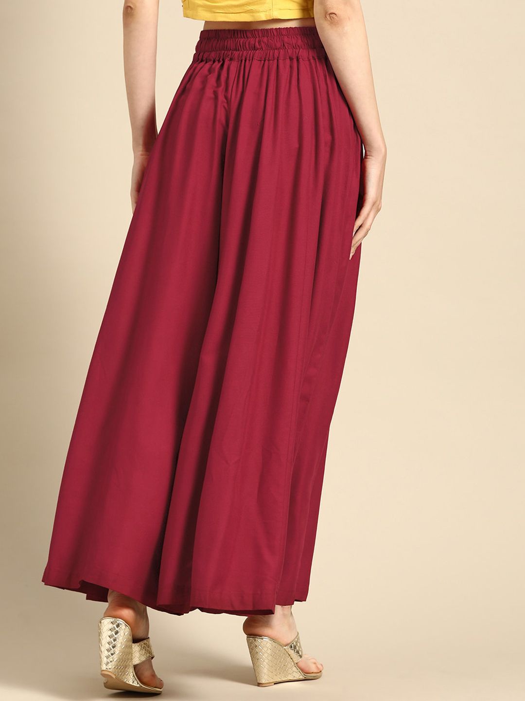 TAG 7 Women Black & Maroon Solid Flared Palazzos