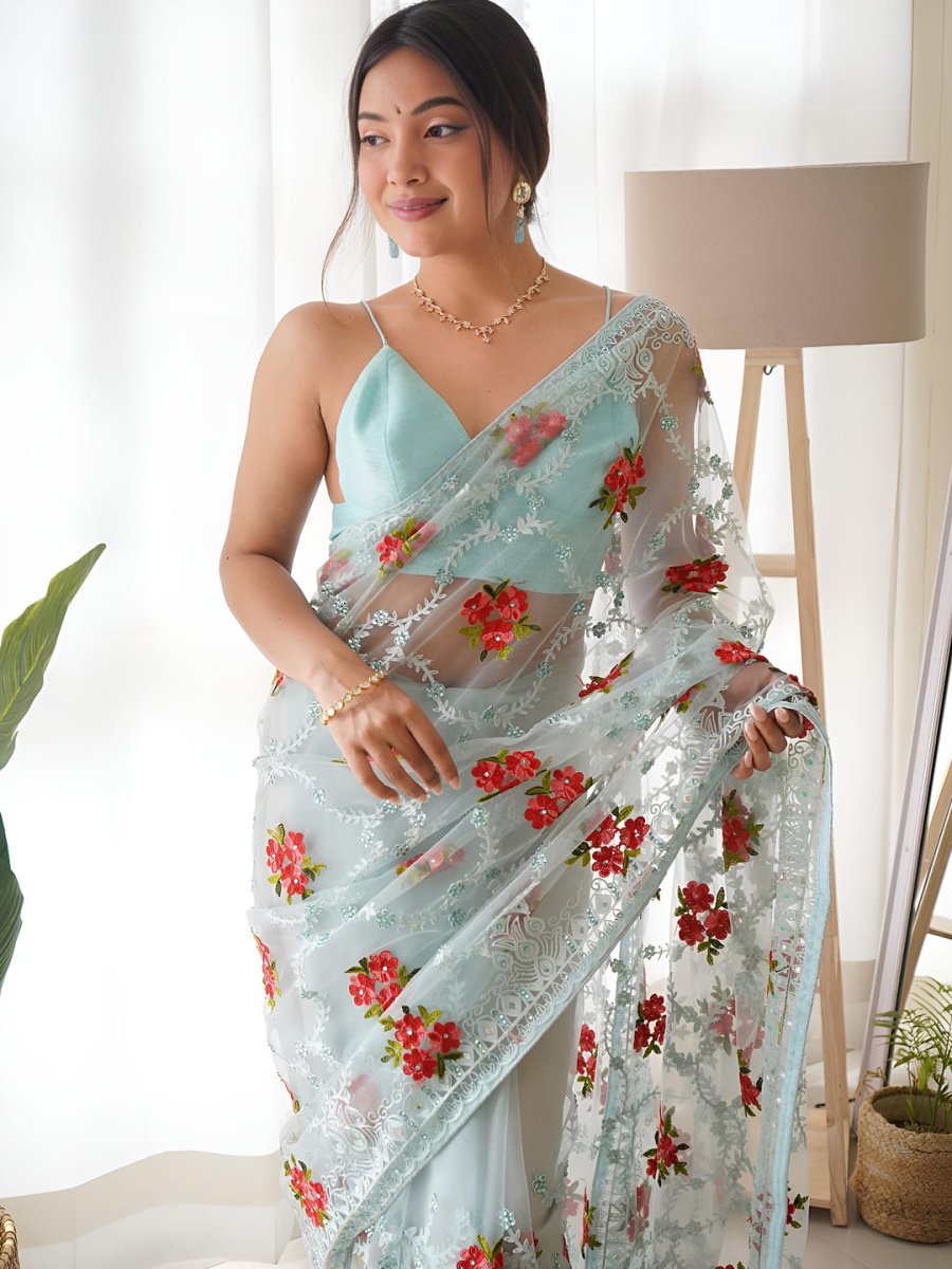 Anouk Floral Embroidered Net Saree - Distacart
