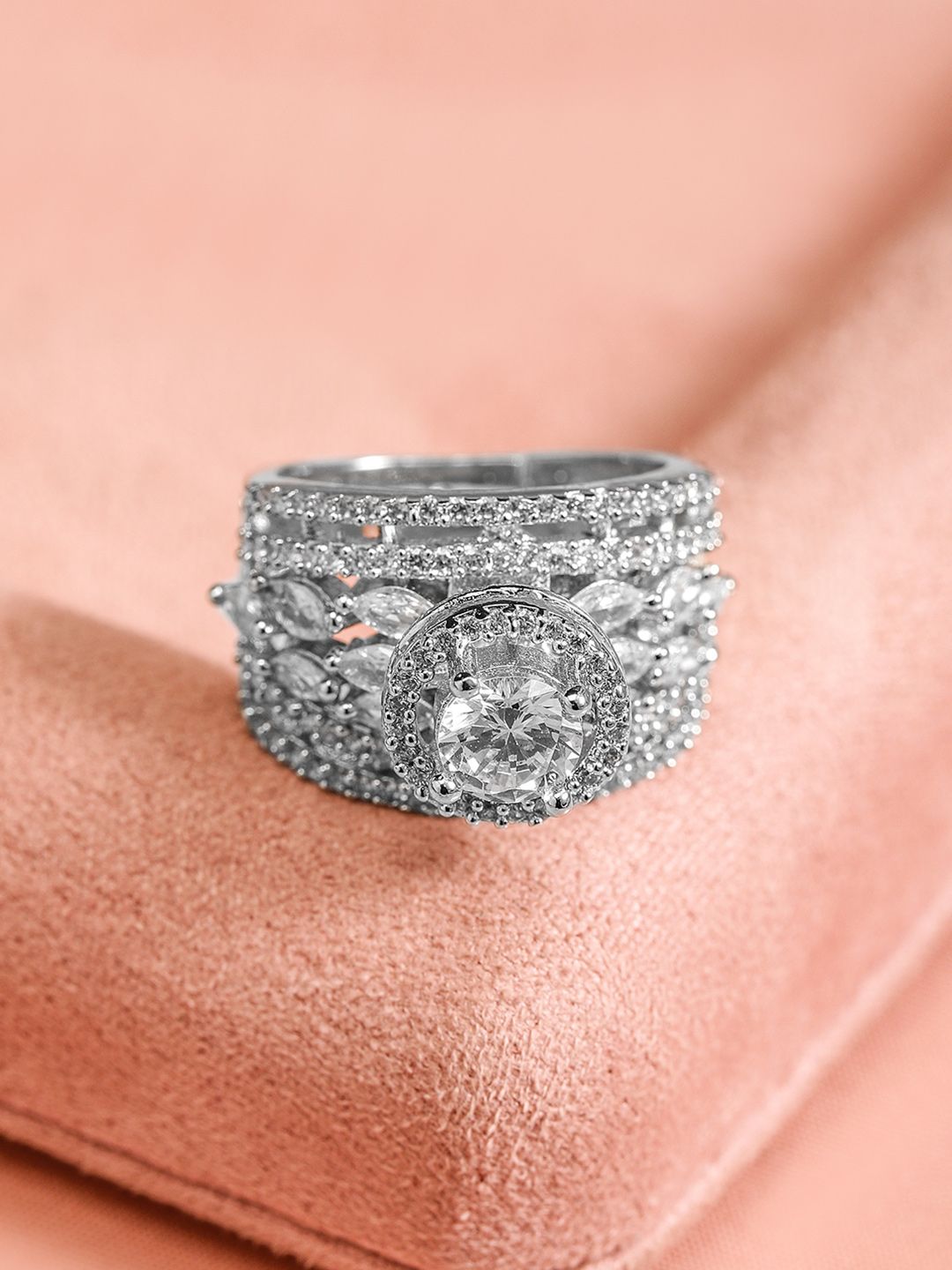 Rubans Women Rhodium Plated Cubic Zirconia Studded Adjustable Finger Ring - Distacart