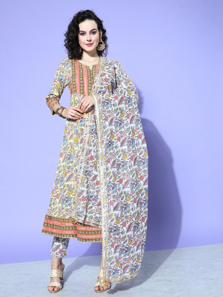 All About You Women Cream-Coloured Floral Printed Regular Gotta Patti Pure Cotton Kurta with Trousers & With - Distacart