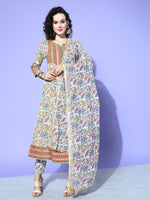 Thumbnail for All About You Women Cream-Coloured Floral Printed Regular Gotta Patti Pure Cotton Kurta with Trousers & With - Distacart