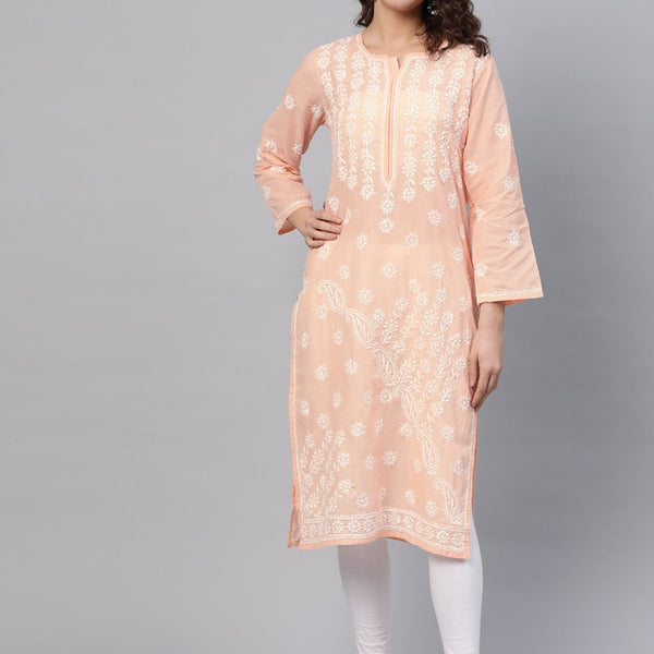 ADA Women Peach-Coloured & White Chikankari Embroidered Cotton Straight Sustainable Kurta - Distacart