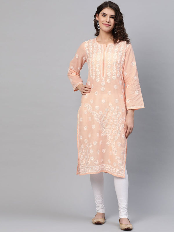 ADA Women Peach-Coloured & White Chikankari Embroidered Cotton Straight Sustainable Kurta - Distacart