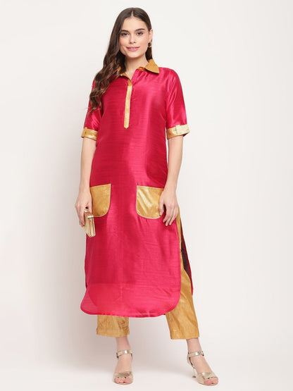 Ahalyaa Women's Dark Pink Poly Silk Kurta Trouser Set